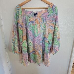 Ralph Lauren Chaps Pastel Paisley Keyhole Neck Peasant Blouse sz XL Pink Multi